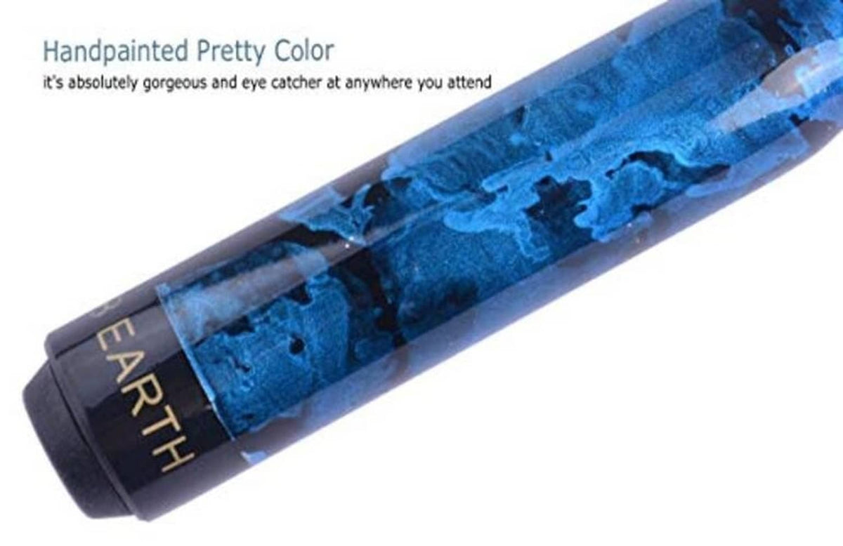Blue painted pool cue barrel with black end cap and detailed blue pattern.