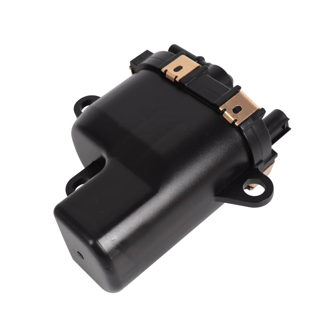 Black fuel pump module with mounting holes and top electrical connectors
