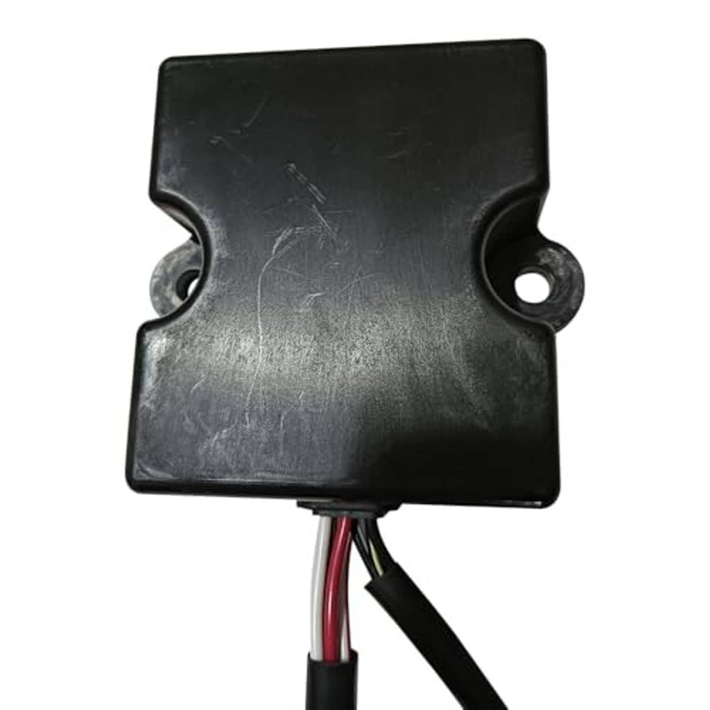 Black ignitor box close-up with two side mounting studs and cable connector