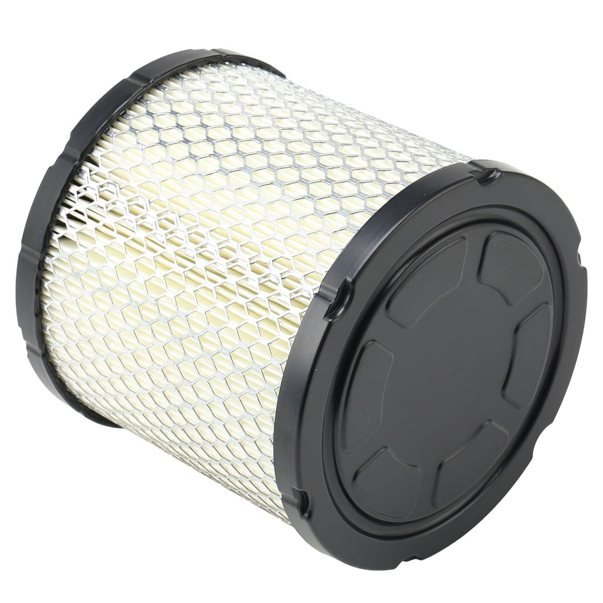 Air filter cylinder with black end cover and white pleated mesh filter media