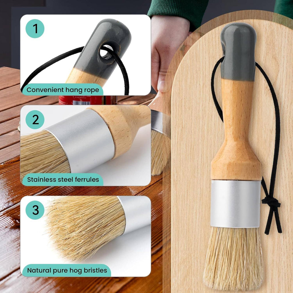 Set of three small wax paint brushes with natural bristles, wood handles, and black ties