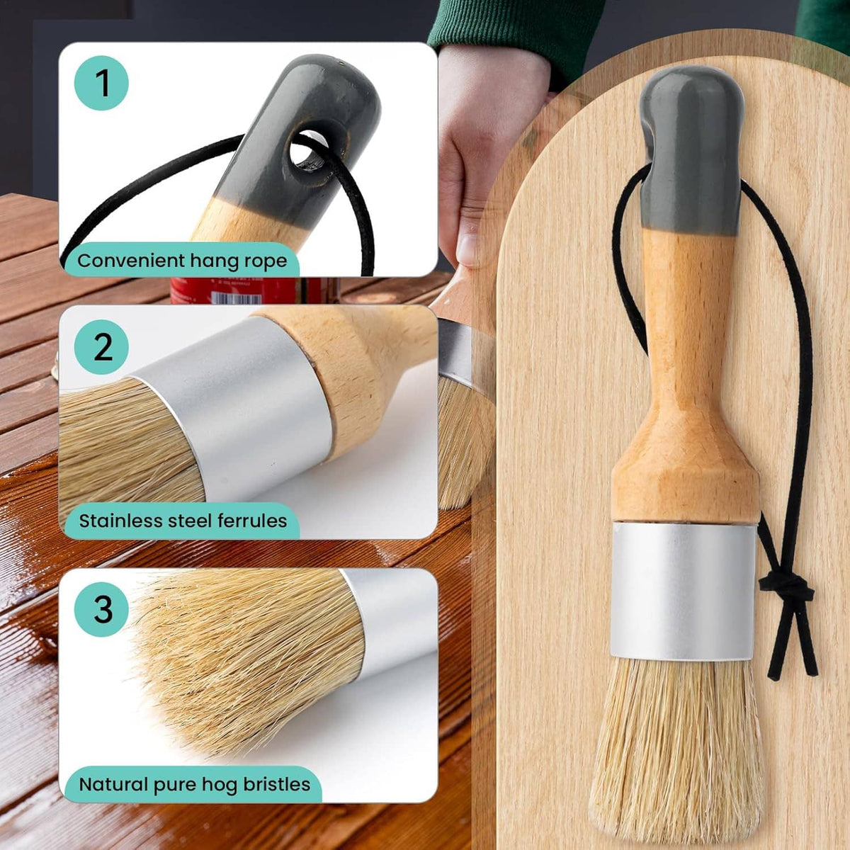 Set of three small wax paint brushes with natural bristles, wood handles, and black ties