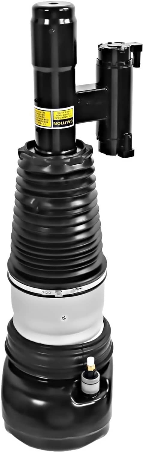 Air suspension strut with black shock reservoir, silver sleeve, and ribbed bellows