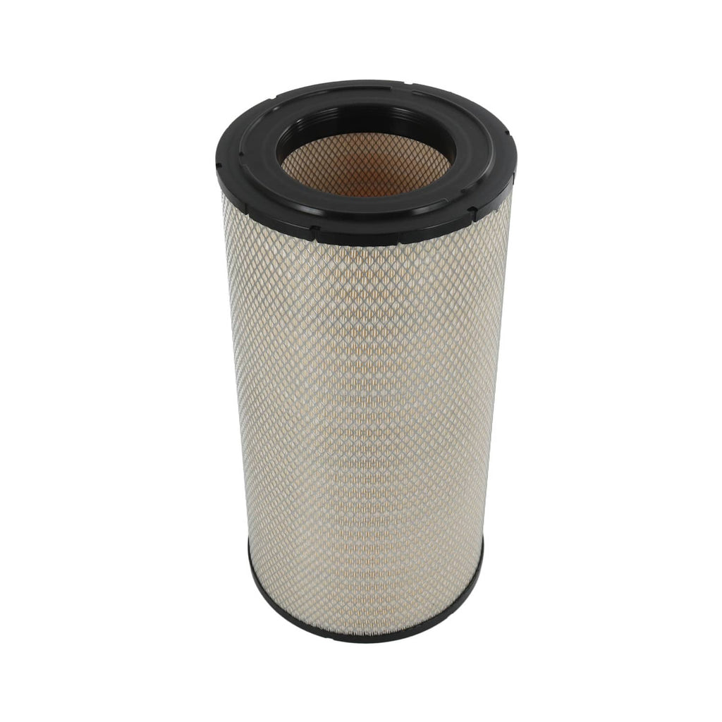 Engine air filter cylinder with black top rim and tan pleated filter media