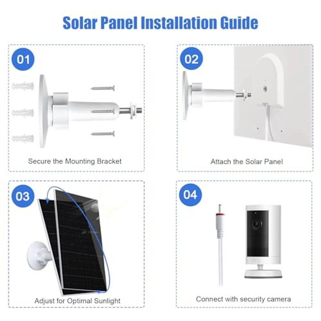 Solar panel installation guide showing mounting bracket, panel attachment, and cable connection.
