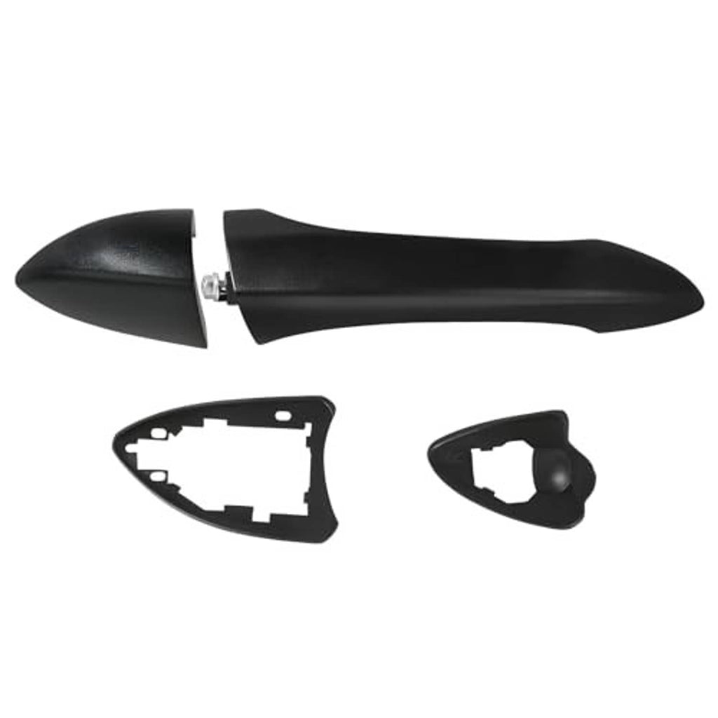 Textured black passenger-side exterior door handle with inner cover and mounting trim