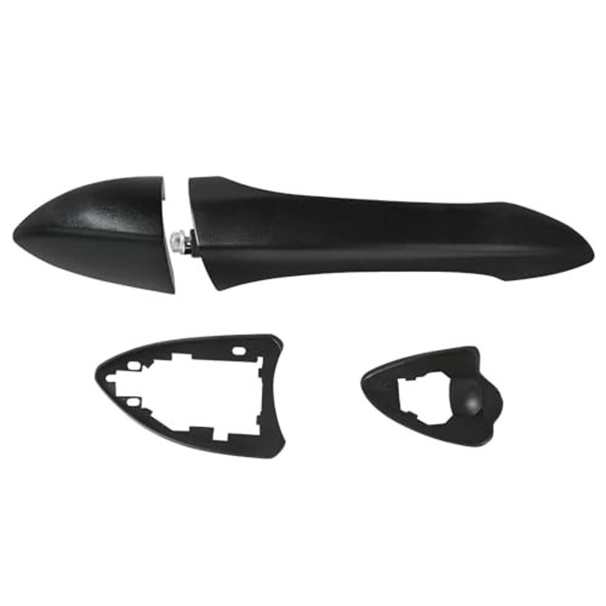 Textured black passenger-side exterior door handle with inner cover and mounting trim