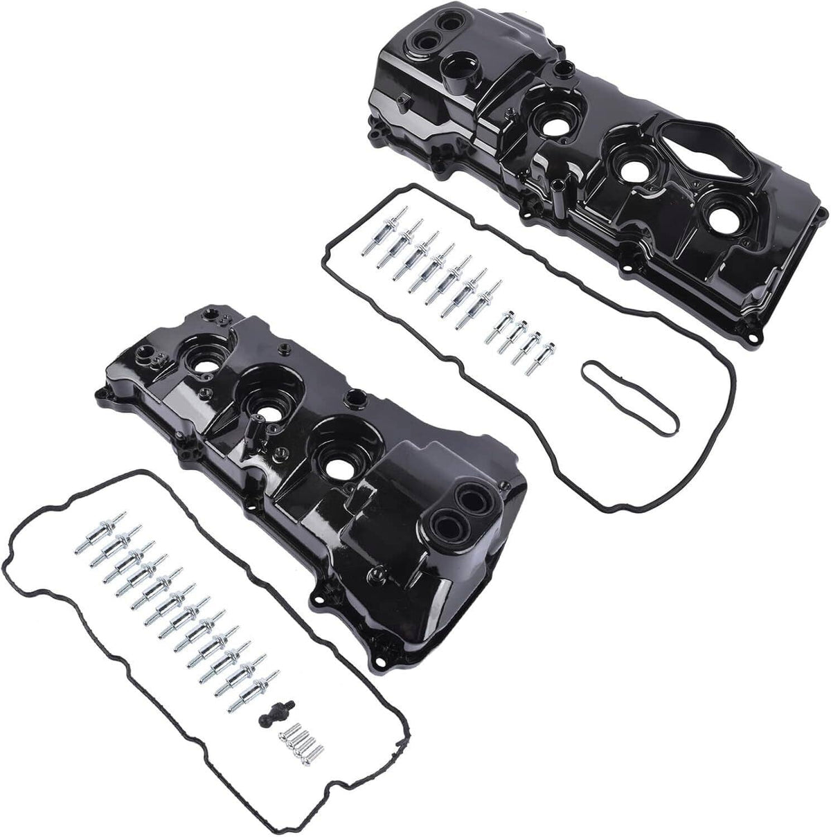 Black engine valve cover kit with two covers, gaskets, and bolt hardware set