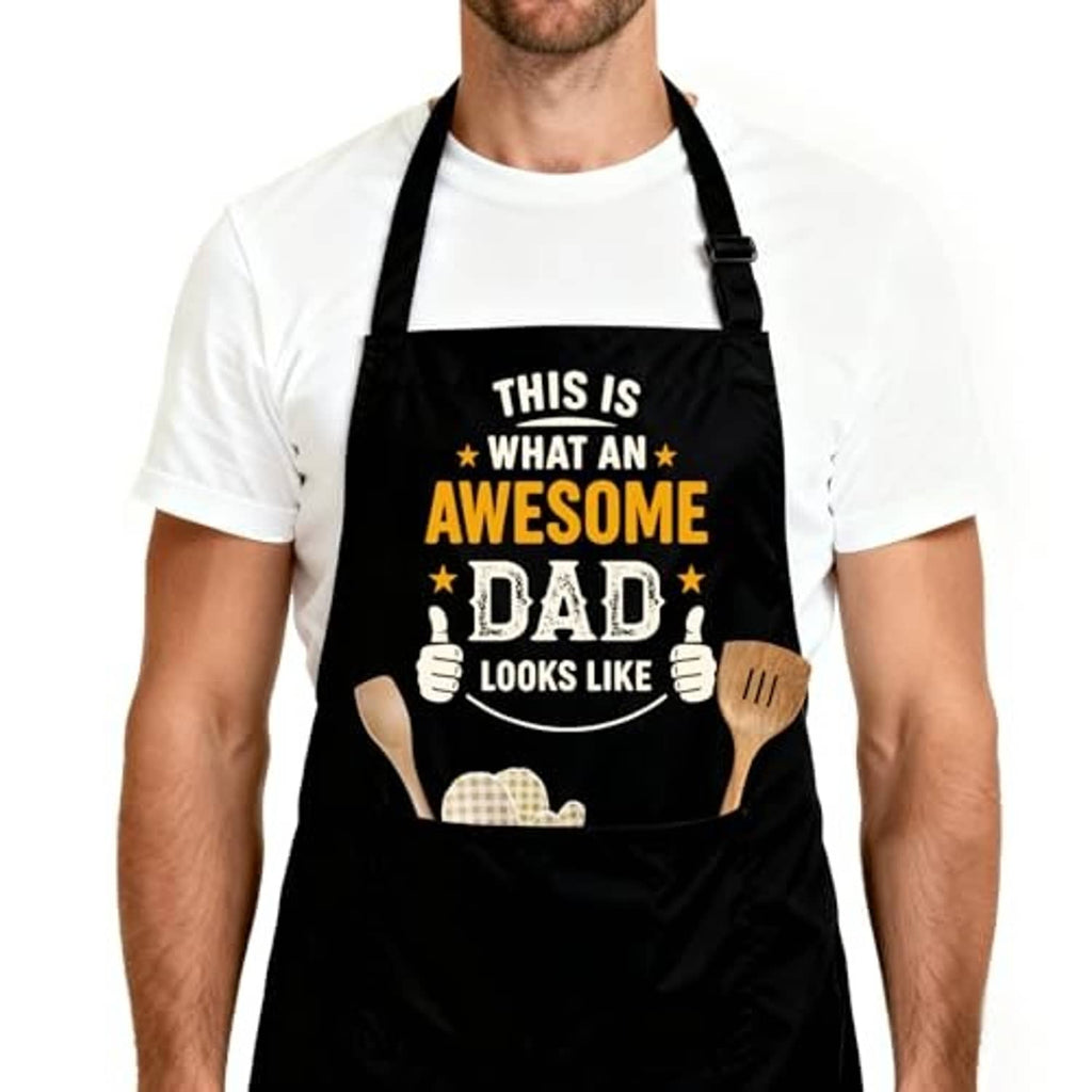 Black grilling apron with “Awesome Dad” print and adjustable neck strap