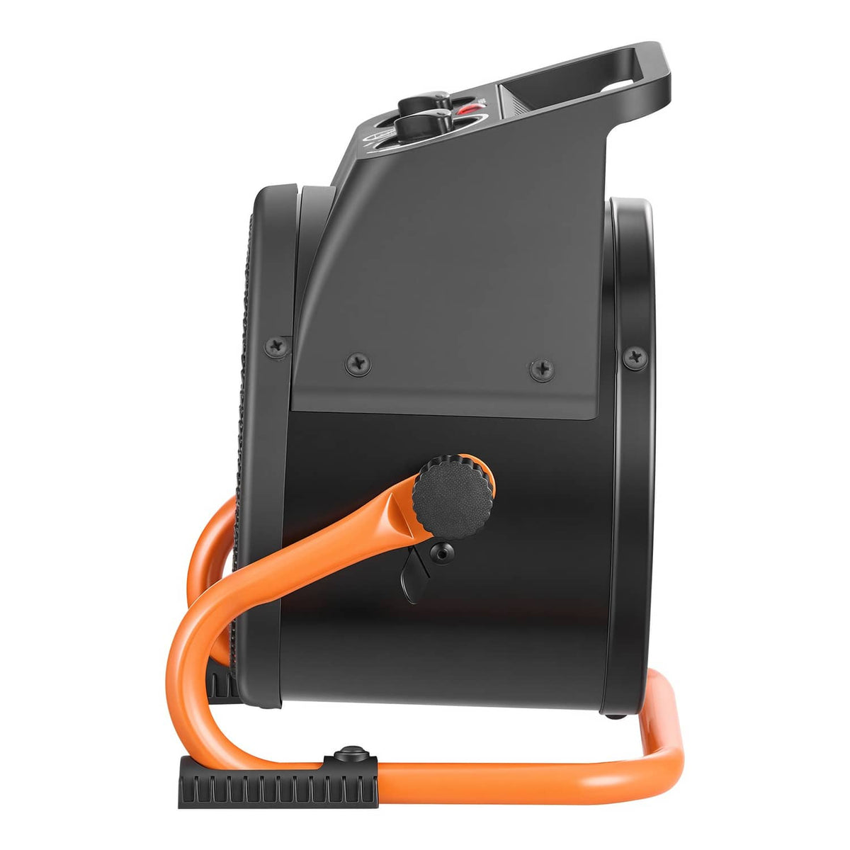 Electric PTC heater with orange carry handle and dark control dial, black body