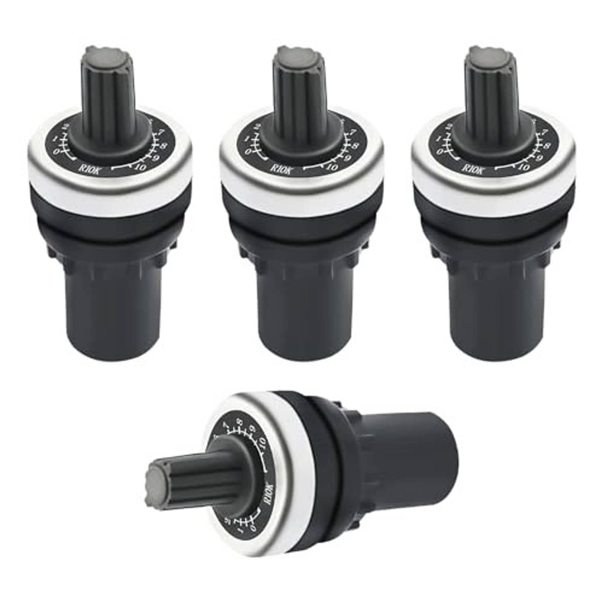 Four rotary speed potentiometers with black bodies and silver dial adjustment knobs
