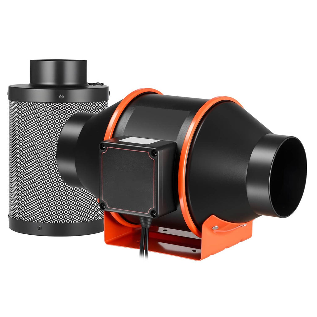 Inline duct fan with black mesh intake, orange mounting bracket and control cover