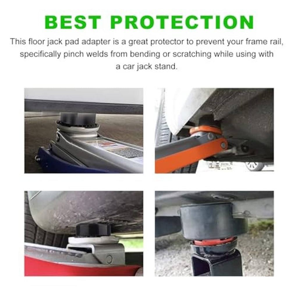 Black rubber floor jack pad adapter protecting a car underbody at lifting points