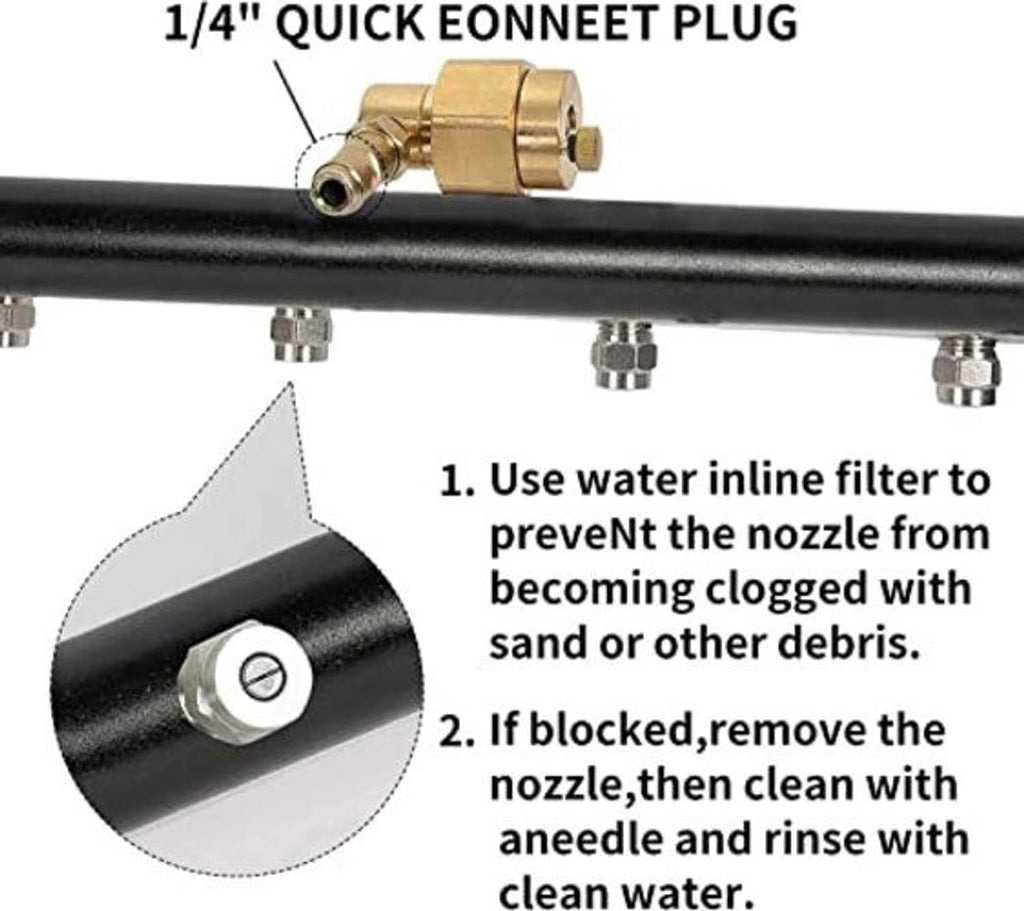 Quick-connect plug and brass inline fitting on black pressure washer wand bar