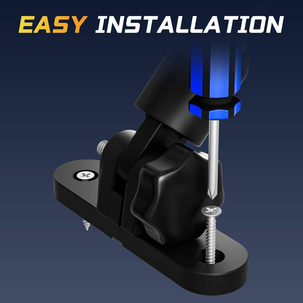 Anchor light mounting bracket with black clamp and blue lock ring on metal pole
