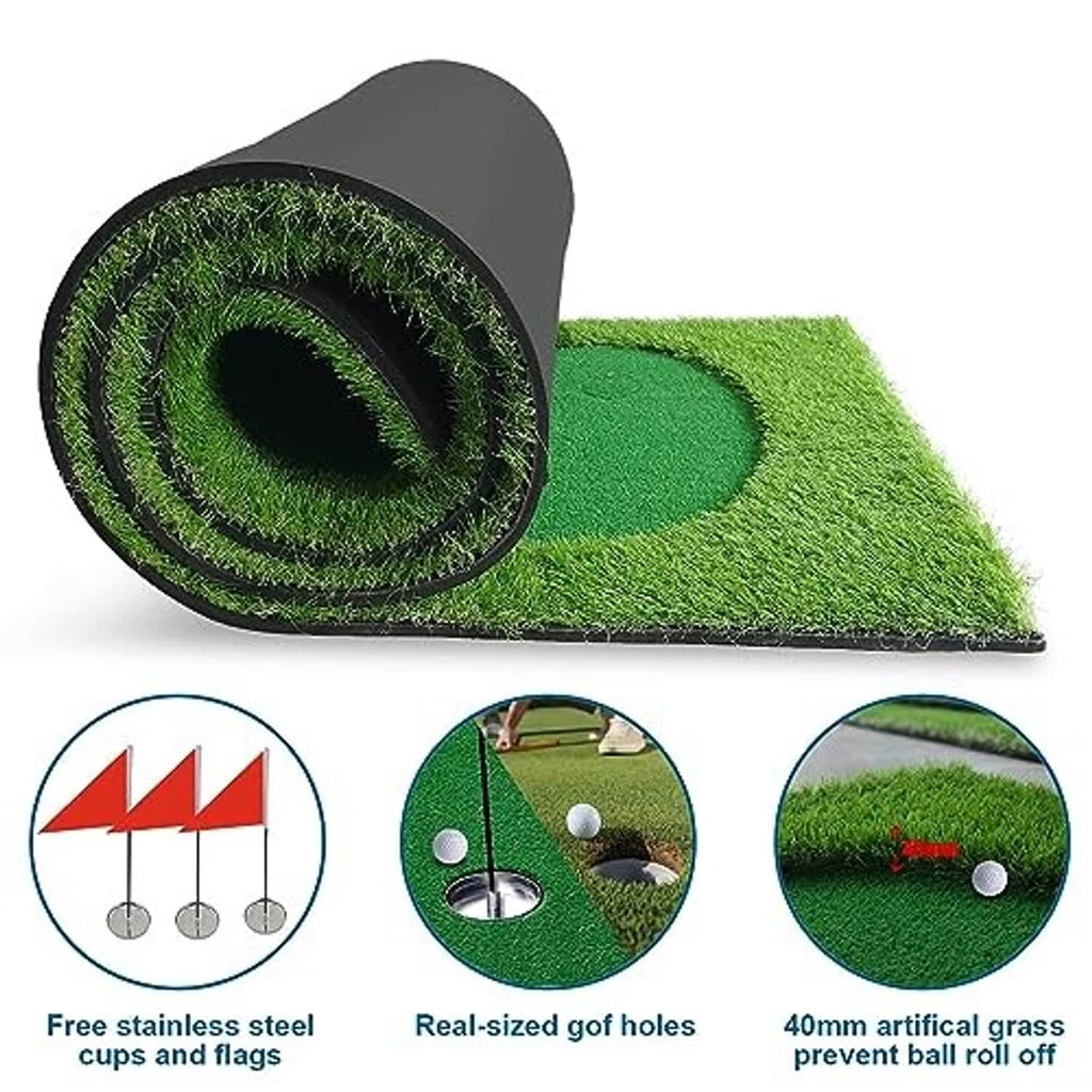 Rolled green putting mat with artificial turf texture and red flag holes