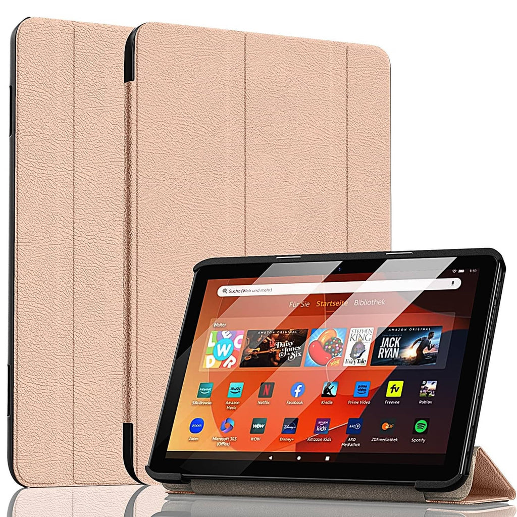 Rose gold tablet folio case with front cover open and tablet screen visible, stand-ready