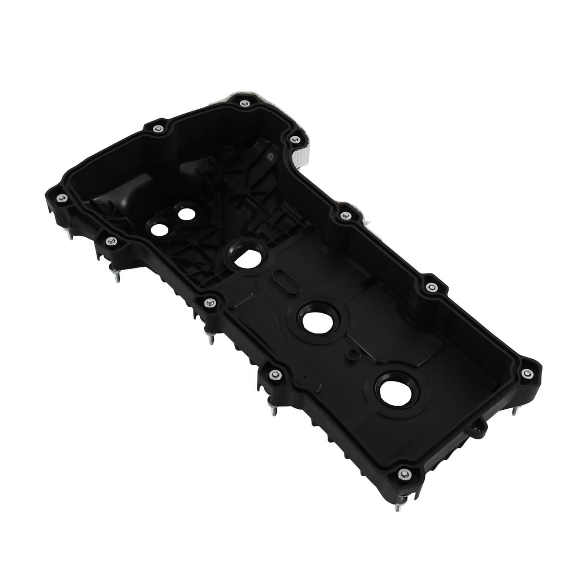 Black engine valve cover with bolt holes and round openings, left/right pair component