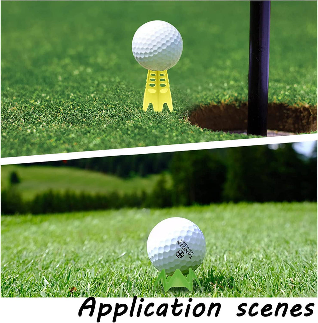 Plastic golf practice tee holding a ball on outdoor grass near a driving post