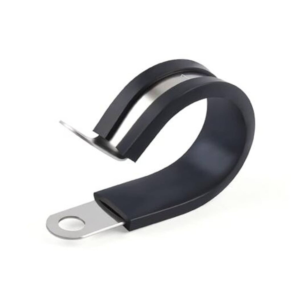 1-inch stainless steel cable clamp with black rubber cushion, flat mounting tab