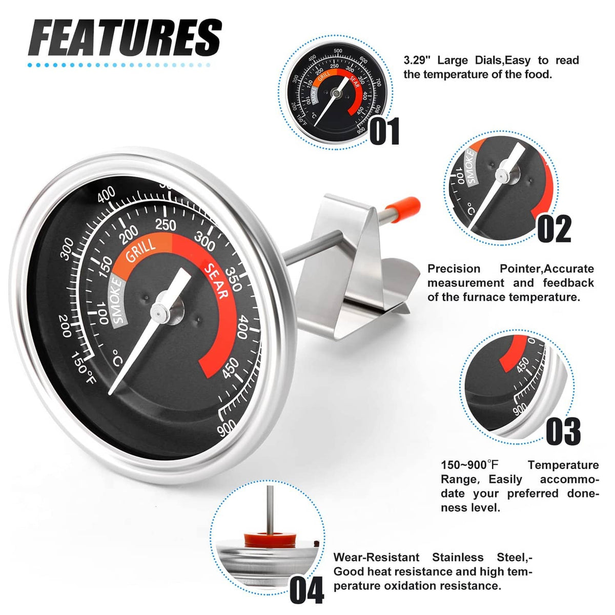 Circular grill thermometer with mounting clip and orange probe tip, black and red dial