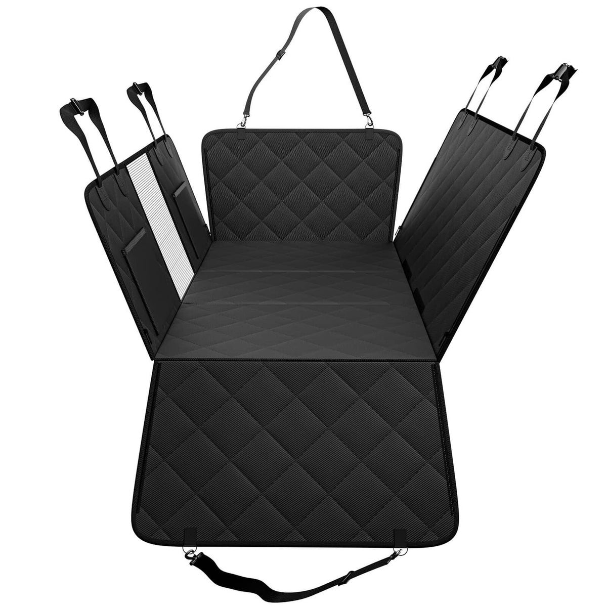 Black waterproof quilted dog car seat cover with side straps and front handle loops