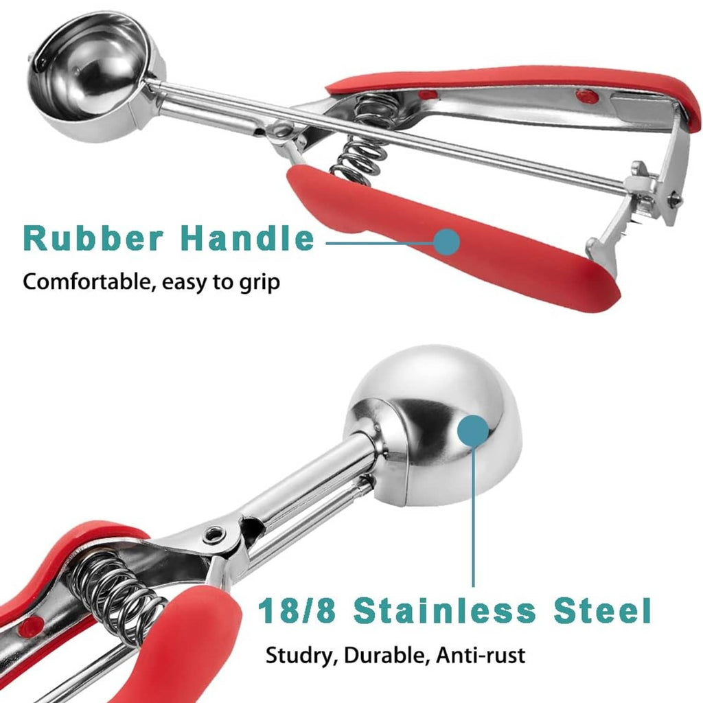 Stainless cookie scoop with red rubberized handle and coiled spring, 1.5 Tbsp