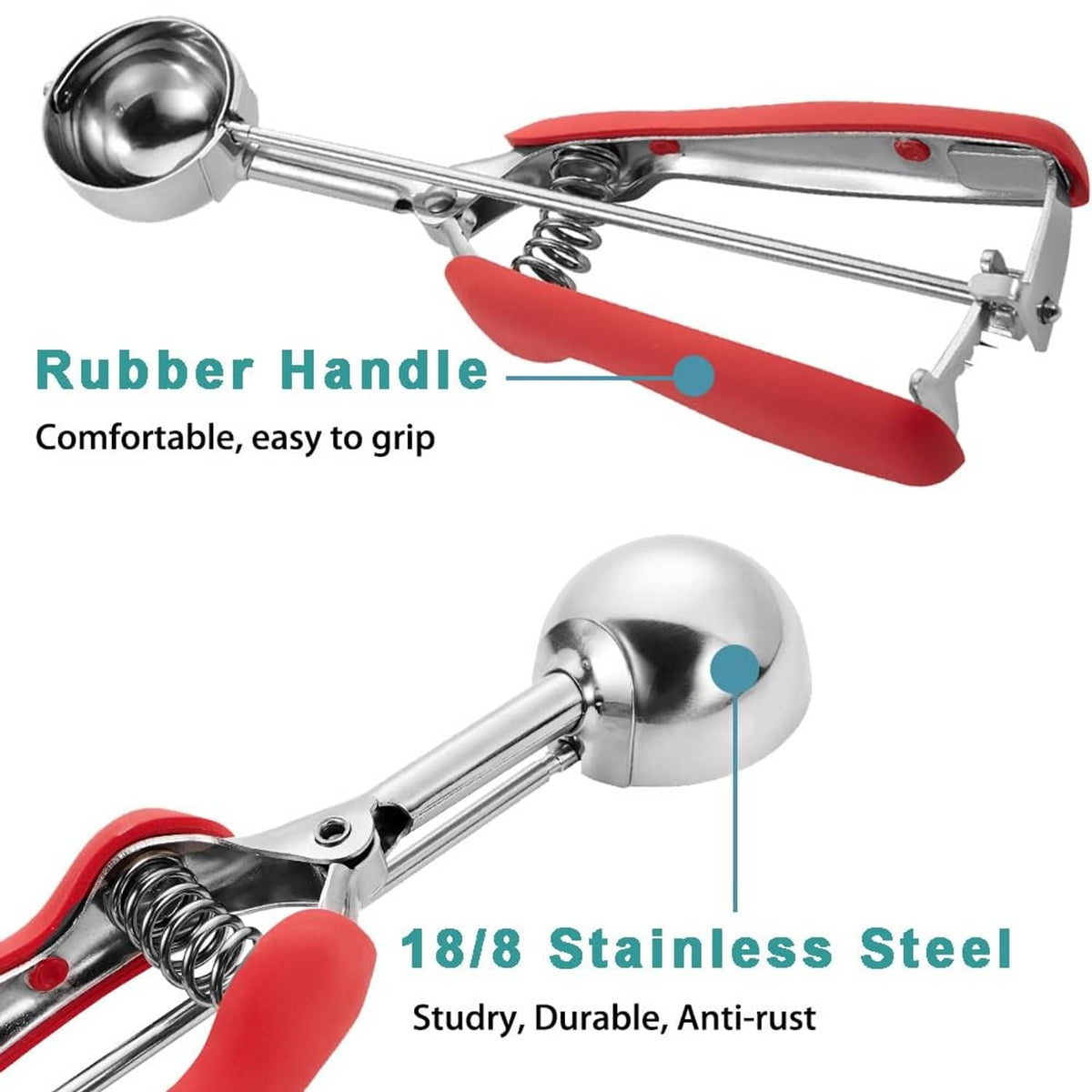 Stainless cookie scoop with red rubberized handle and coiled spring, 1.5 Tbsp
