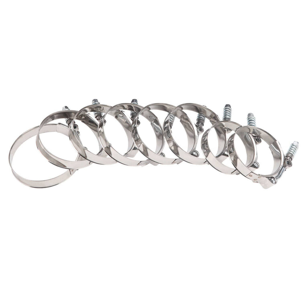 Intercooler hose boot clamp set with multiple silver metal worm-gear clamps.