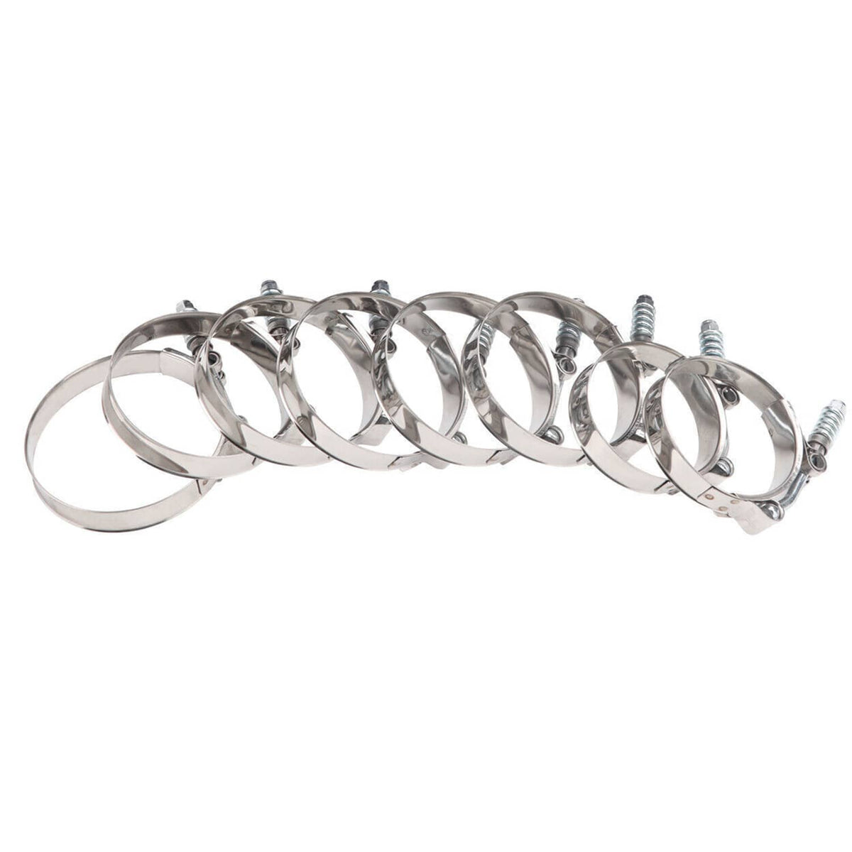 Intercooler hose boot clamp set with multiple silver metal worm-gear clamps.
