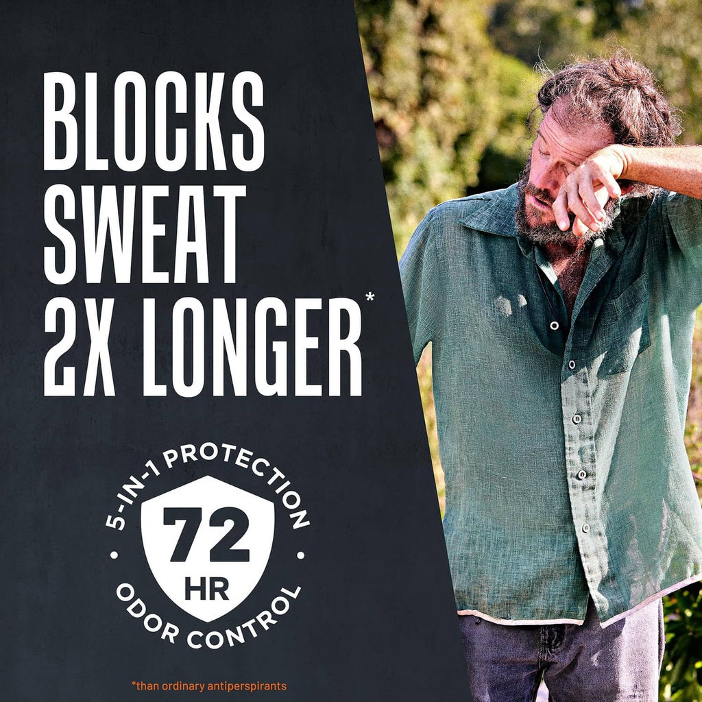 Orange and black solid antiperspirant stick on skin, 72 hr protection