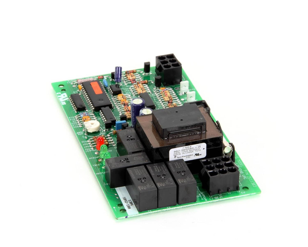 Green electronic control circuit board with black relay modules and capacitors