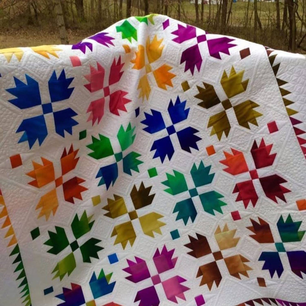 Close-up patchwork fabric with colorful leaf-like star shapes on white
