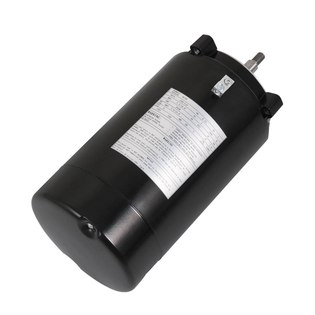 Pool pump motor with black cylindrical housing and side specification label