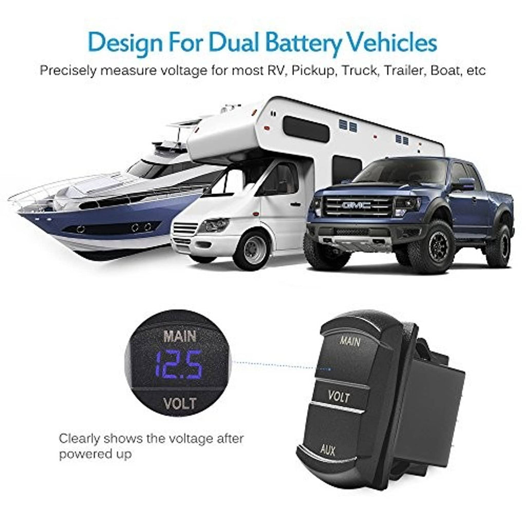 Black dual voltmeter with blue LED display and side mounting bracket for dashboard