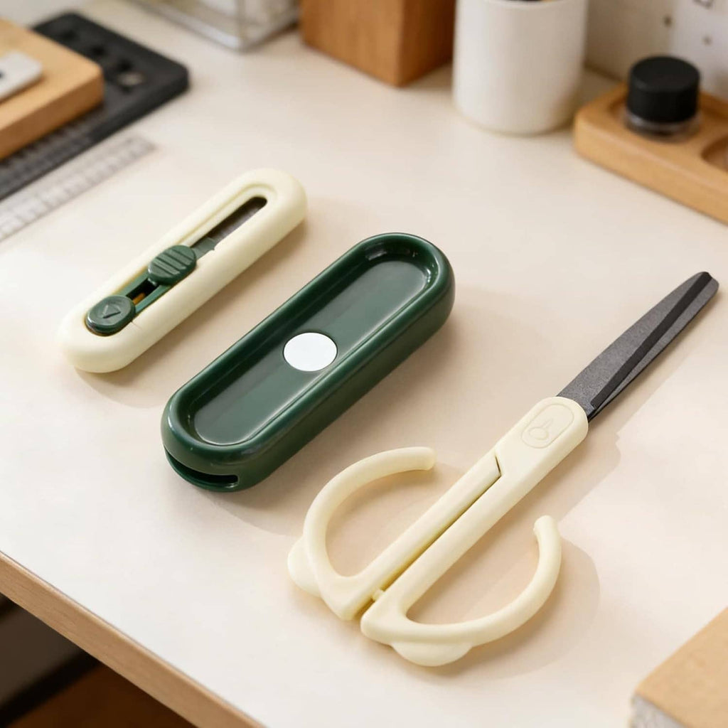 Magnetic scissors and box opener tools with green and cream non-stick handles on desk