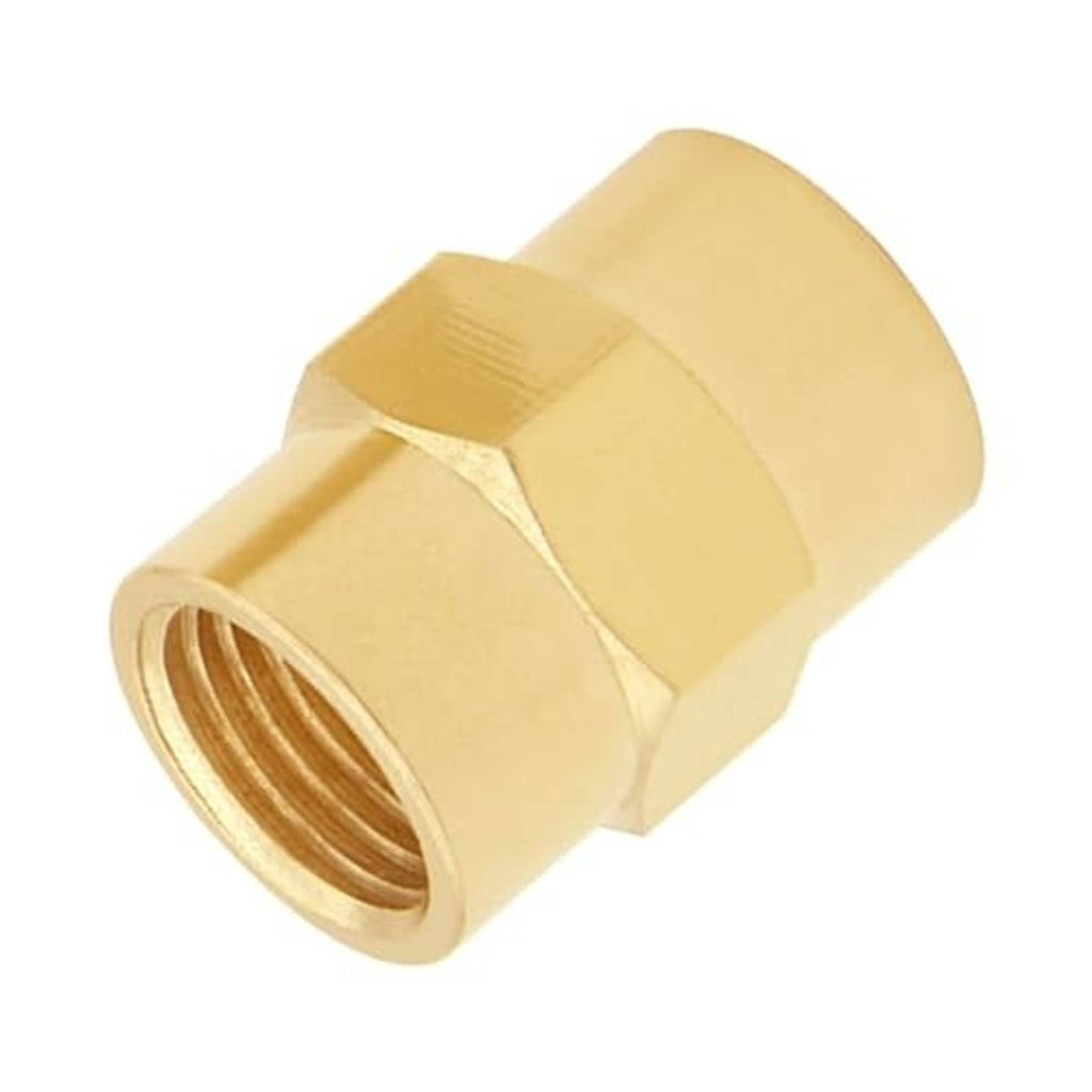 Brass hex NPT female coupling with internal thread opening and smooth hex exterior