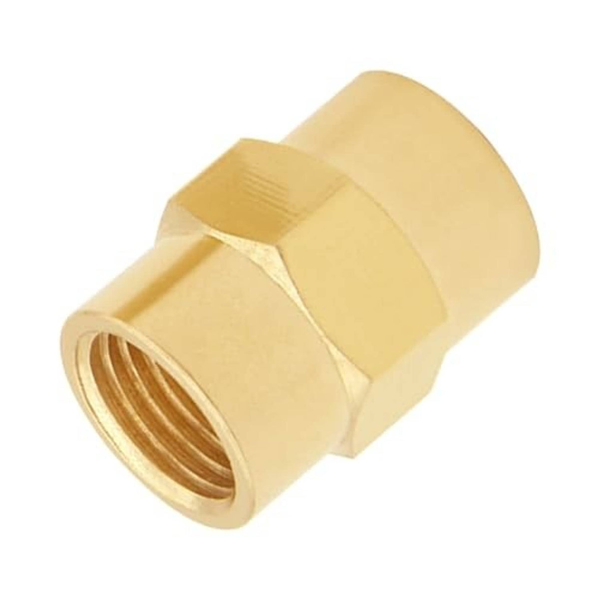 Brass hex NPT female coupling with internal thread opening and smooth hex exterior