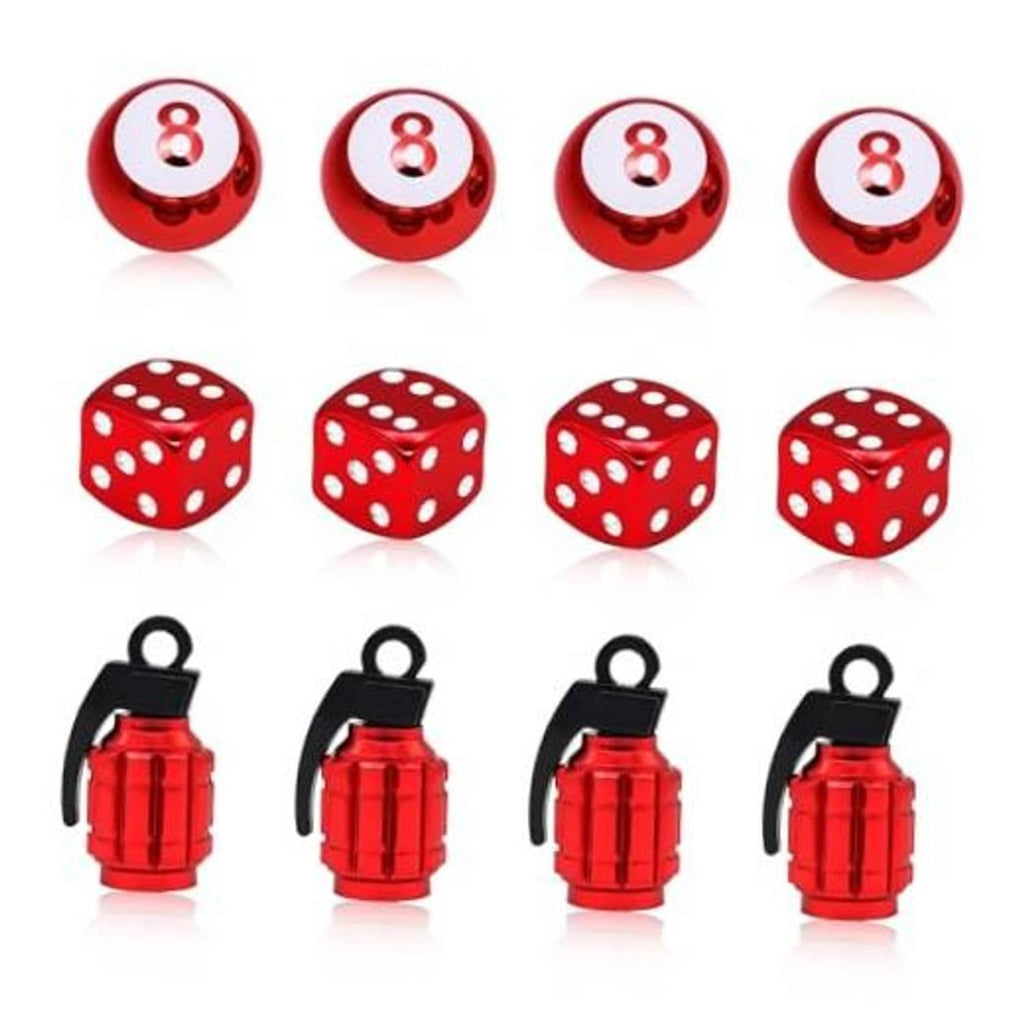 Red dice-style and lantern-style tire valve stem caps set with black rubber rings.