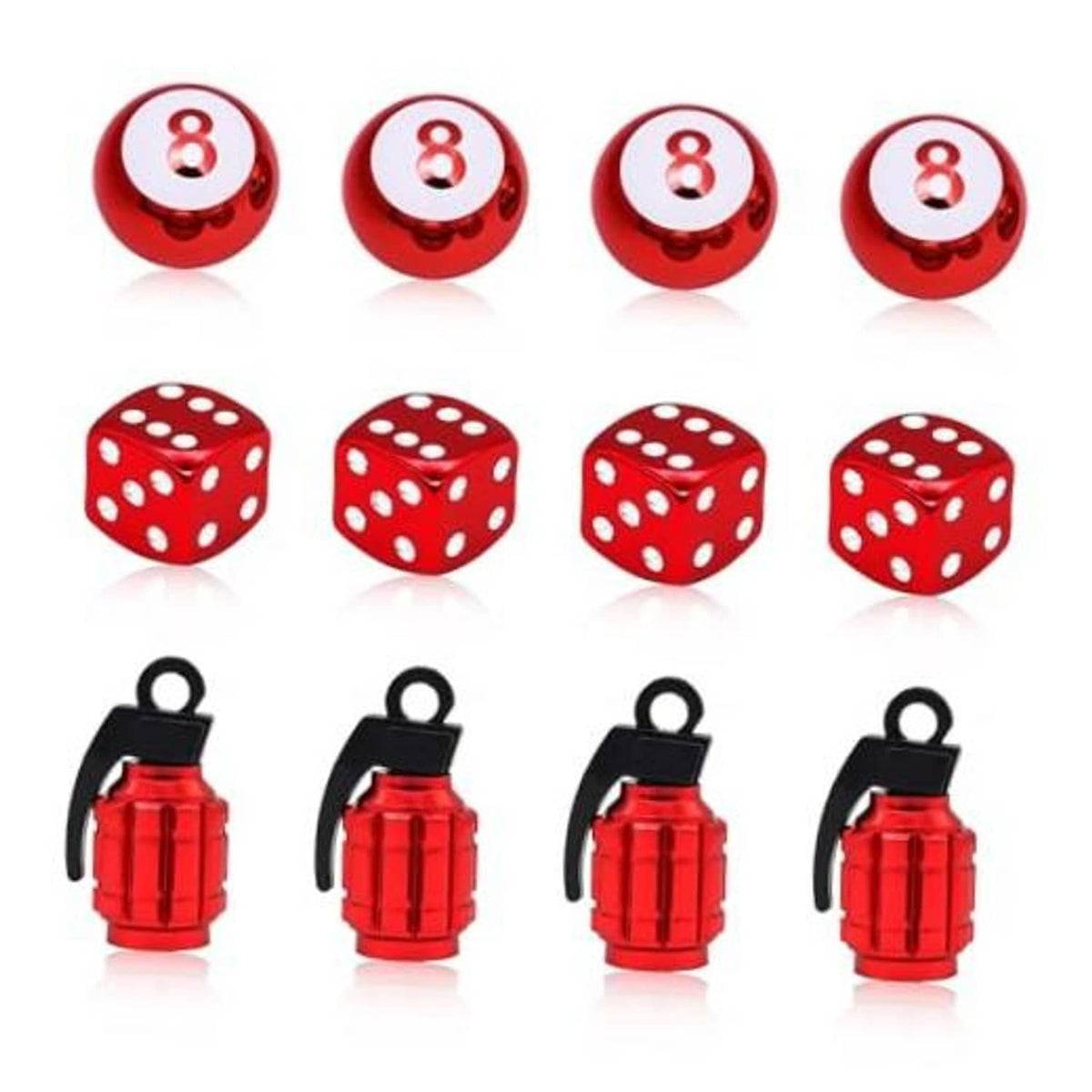 Red dice-style and lantern-style tire valve stem caps set with black rubber rings.