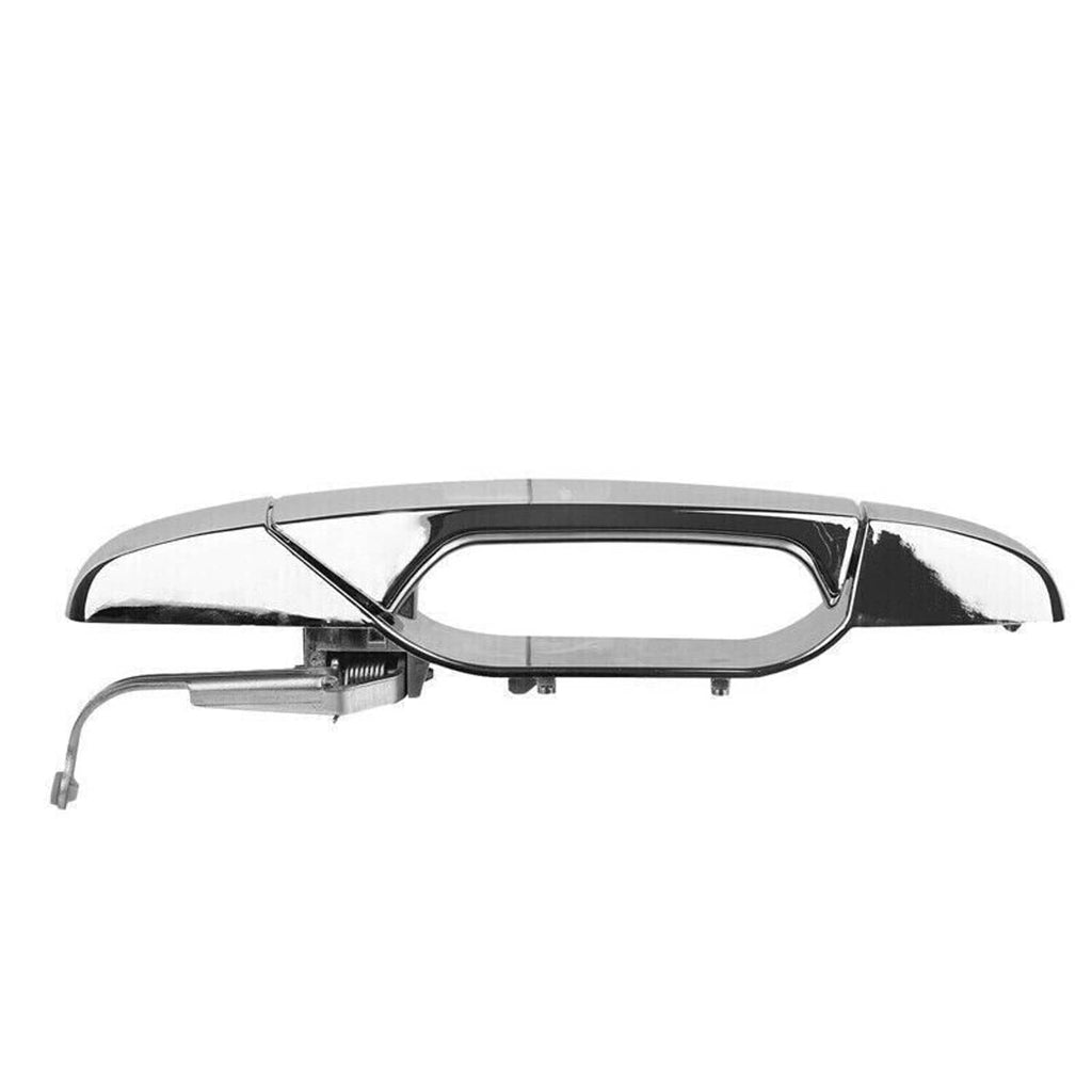 Chrome exterior door handle assembly with latch area and mounting tabs visible