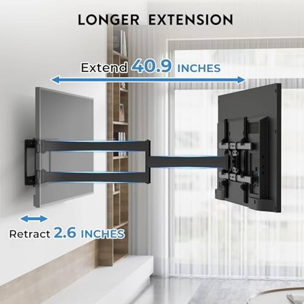 Corner TV mount diagram showing 40.9-inch extension and 2.6-inch retraction