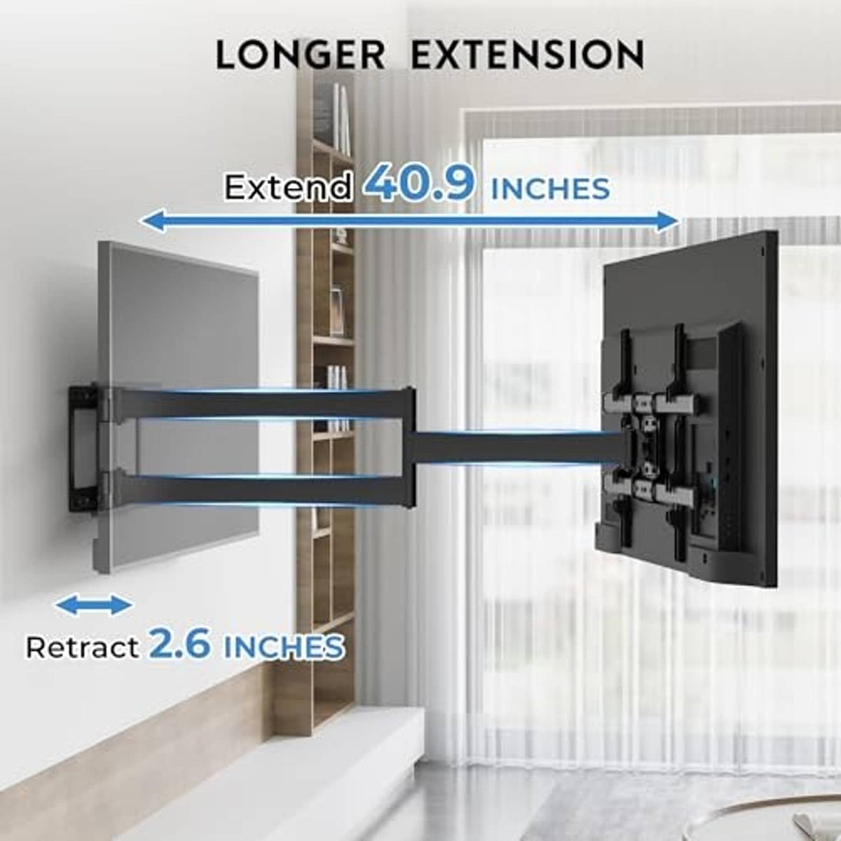 Corner TV mount diagram showing 40.9-inch extension and 2.6-inch retraction