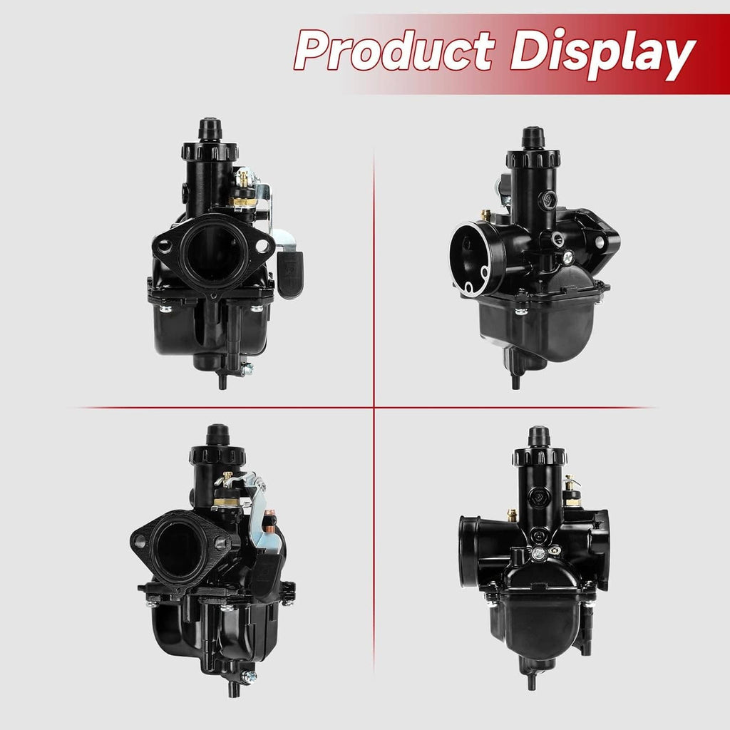 Black carburetor kit shown from four angles with intake and fuel line