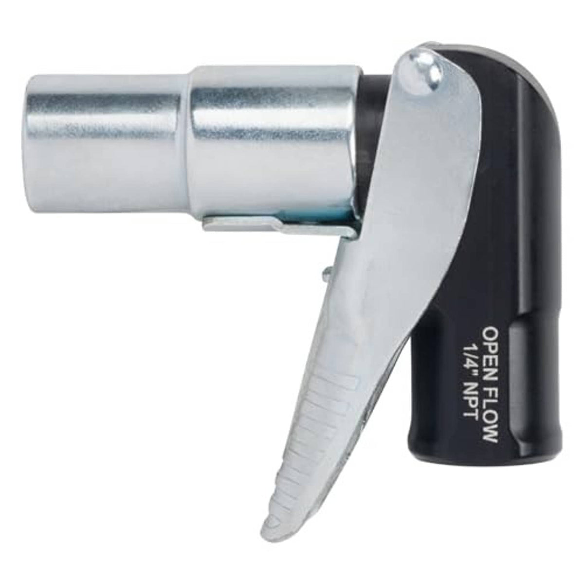 90-degree air chuck, chrome connector and black handle with Open Flow 90 text