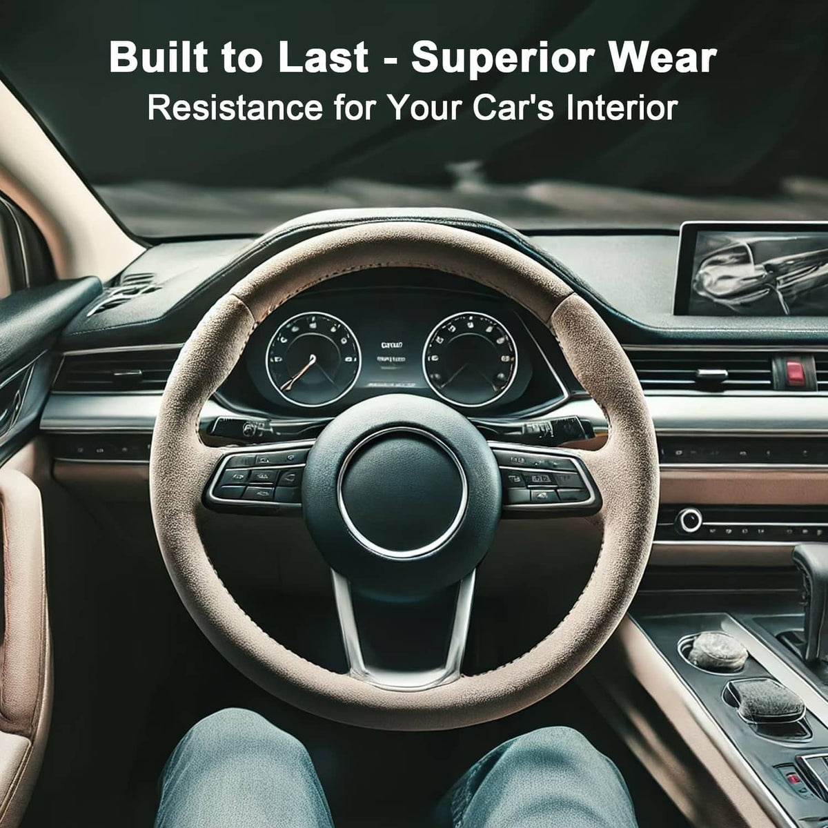 Car interior steering wheel with suede-like cover in dark brown