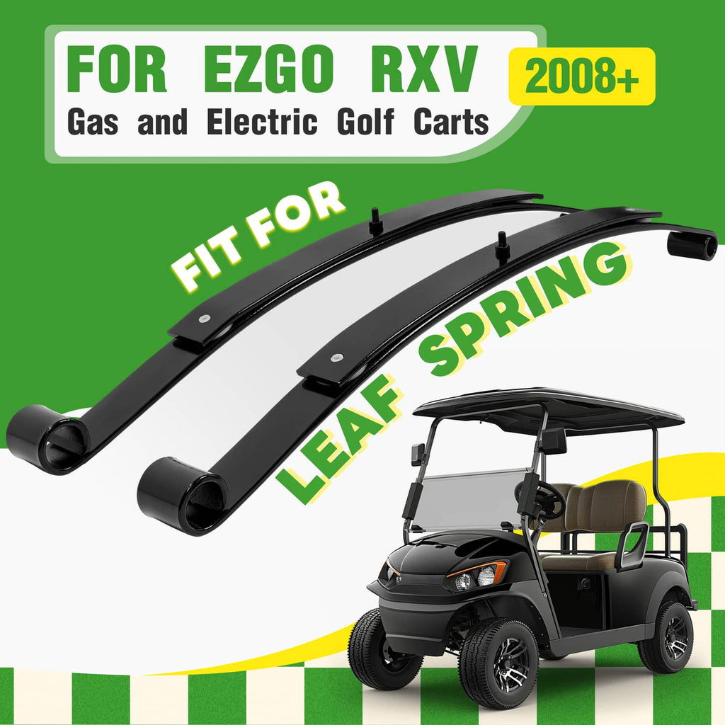 Two black rear leaf springs with rubber bushings and mounting bolt hardware