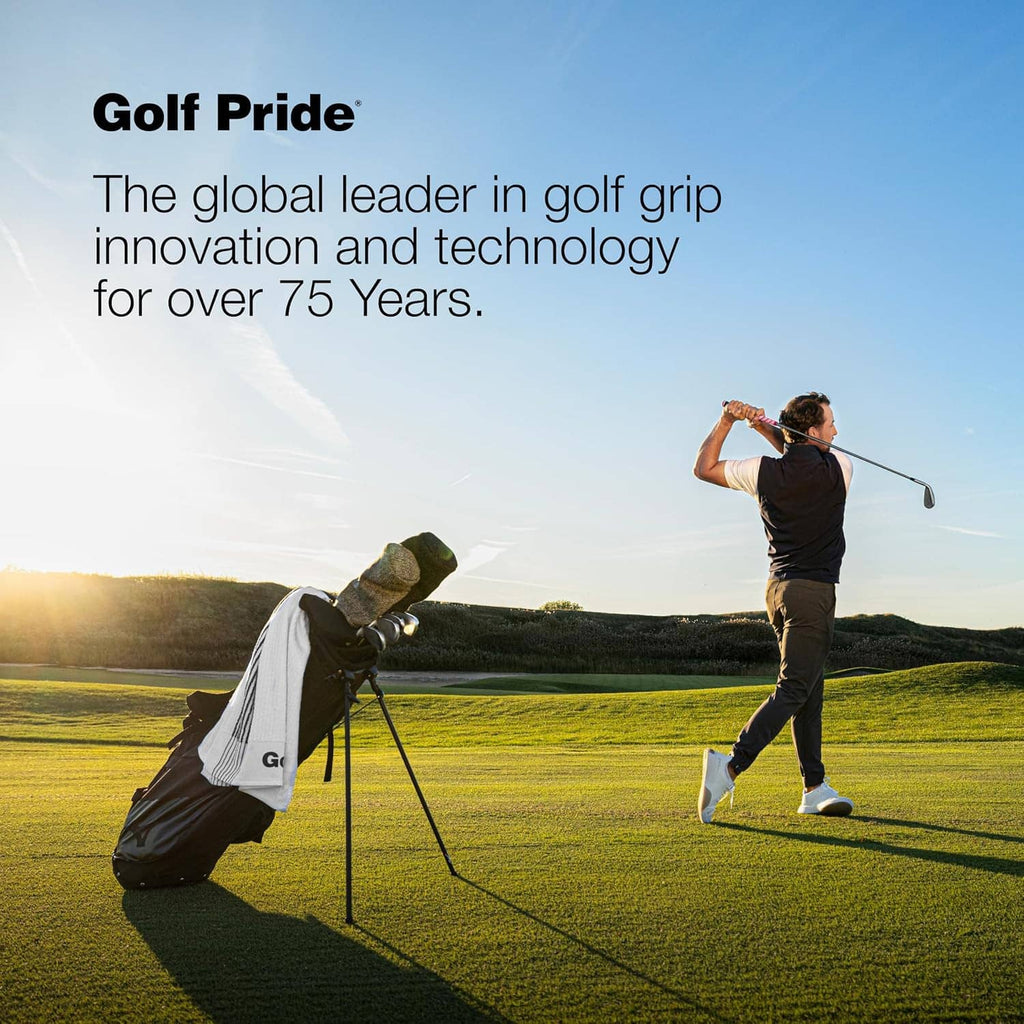 Golfers on a course with a golf club, Golf Pride branding text overlay