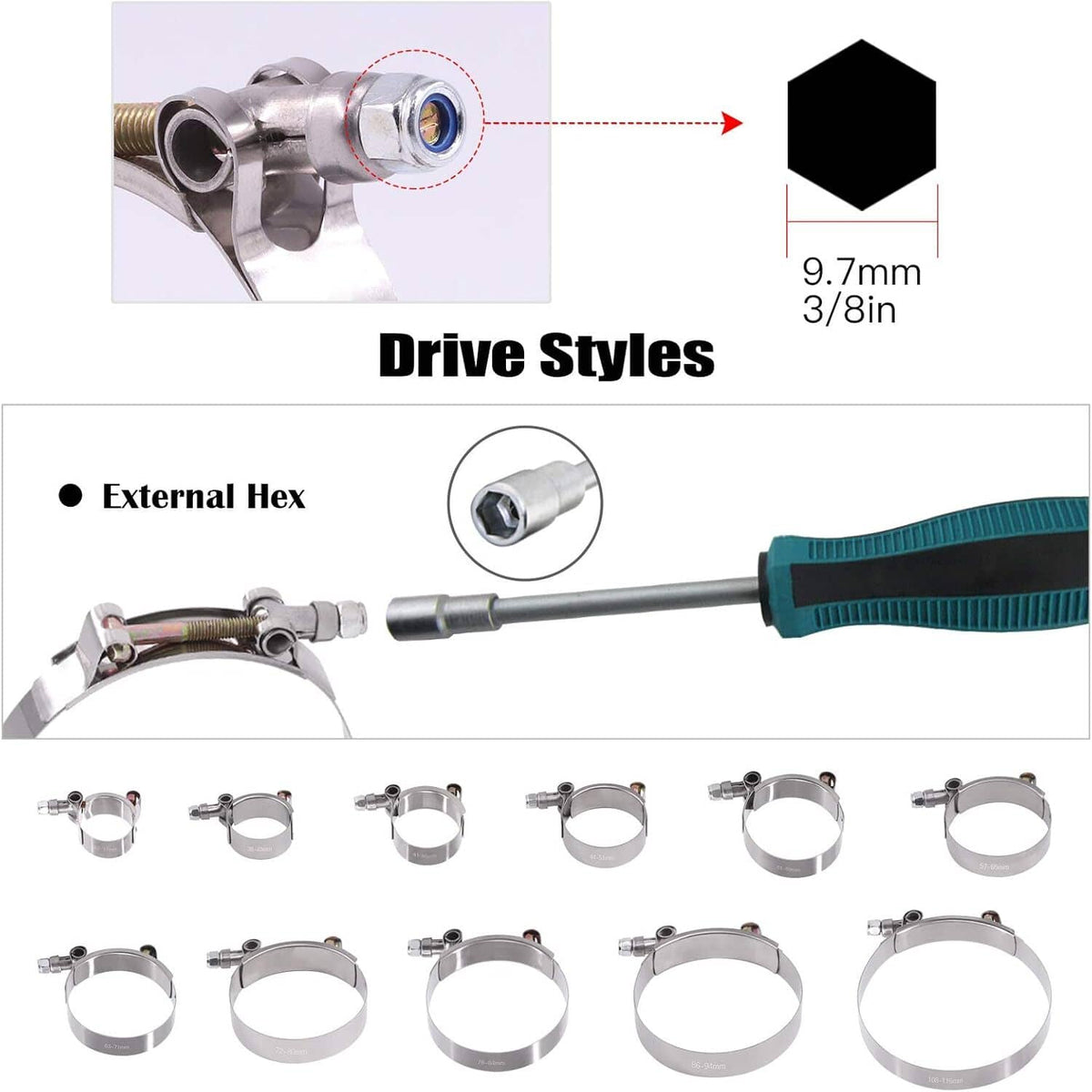 T-bolt clamp with external hex drive shown on clamp tightening screw
