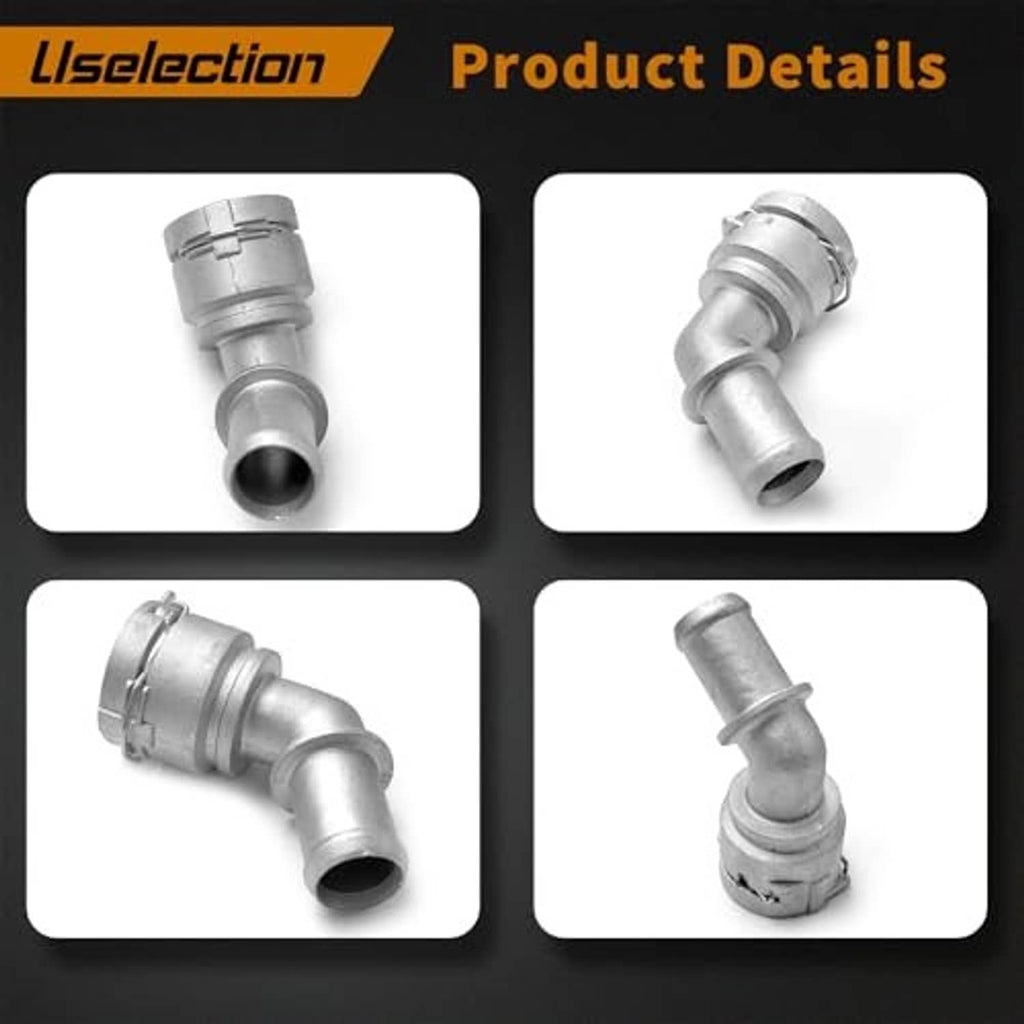 Silver aluminum cooling quick connector elbow with spring clamp; multiple angle views